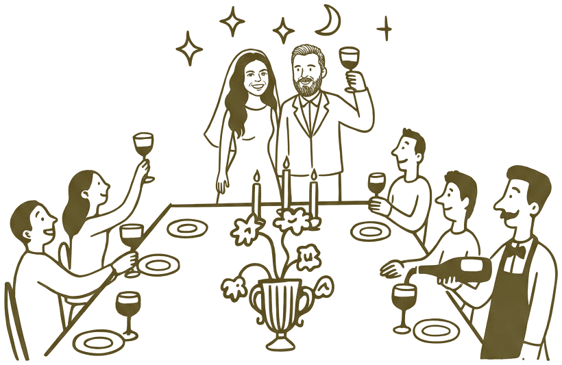 Line drawing of a long dinner table under the stars: Anastasia and Kostas stand at the head, he raises a glass, guests toast and a waiter pours wine